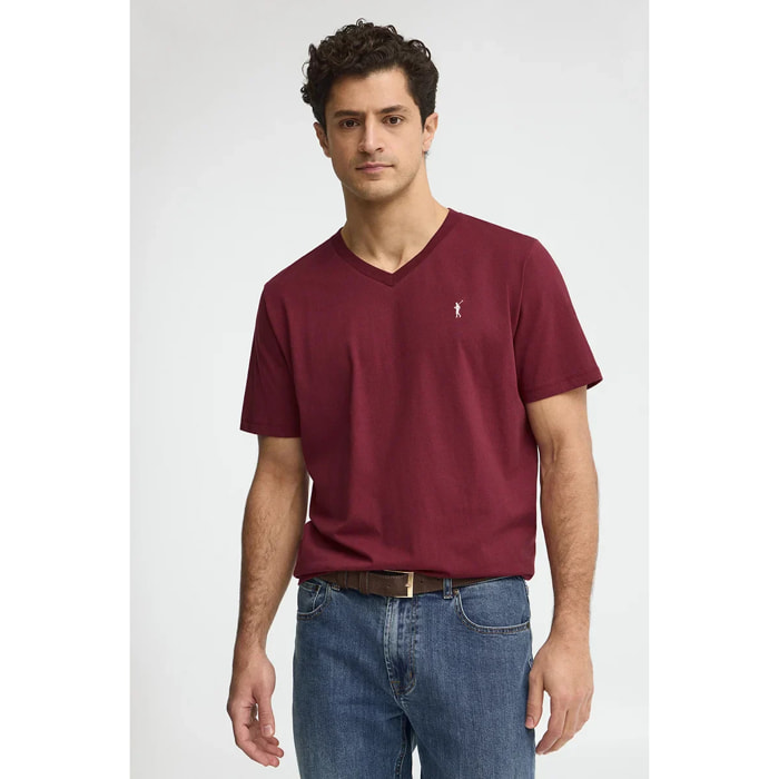 Camiseta granate de cuello pico con logo Rigby Go