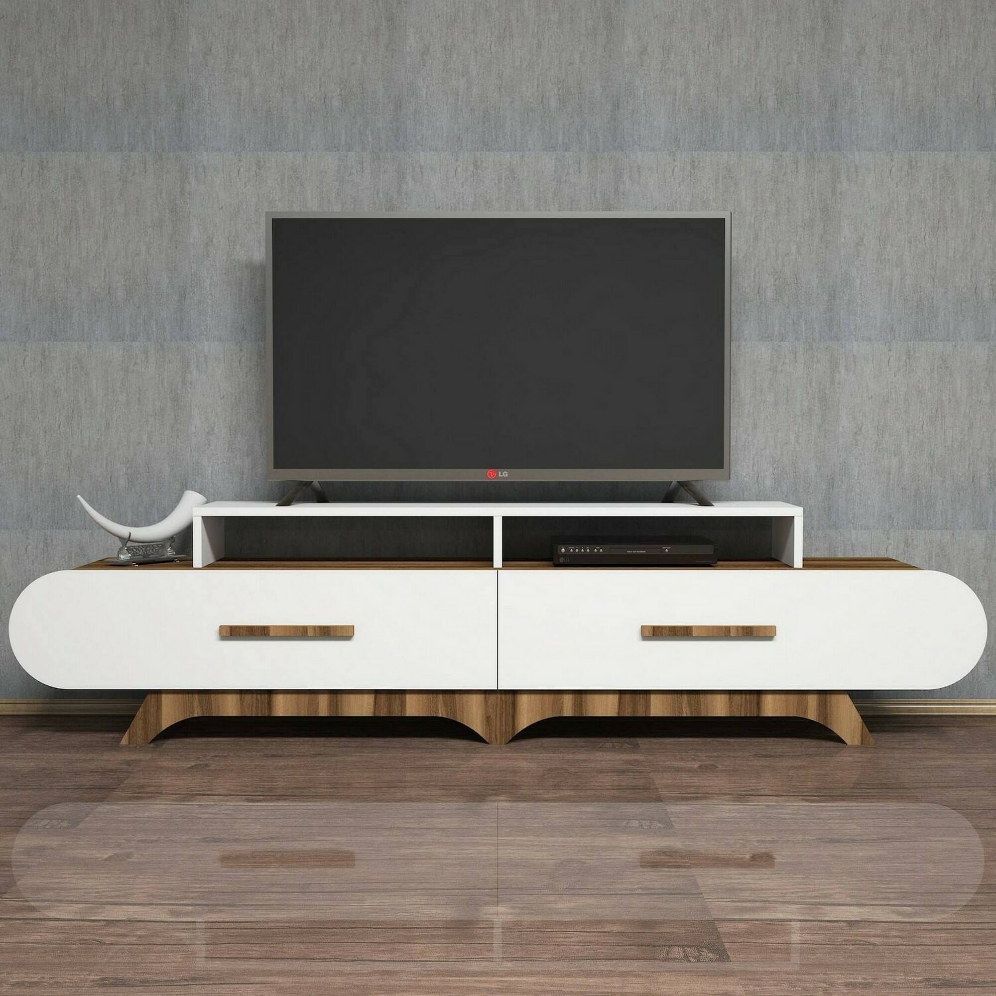 Mobile porta TV Dpereyr, Credenza da soggiorno, Armadio basso per TV, Base parete attrezzata, 205x37h50 cm, Noce e Bianco