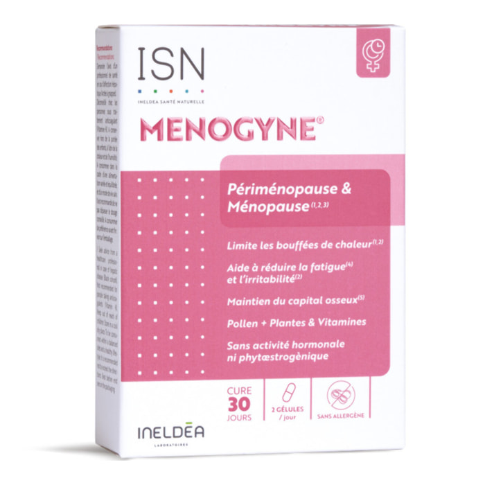 ISN - Menogyne - Ménopause & Préménopause - Limite les bouffées de chaleur & sueurs nocturnes - Rééquilibre l'activité hormonale - Pollen, Rhodiole, Vitamines B6, B9 & B12 - Cure 30 jours