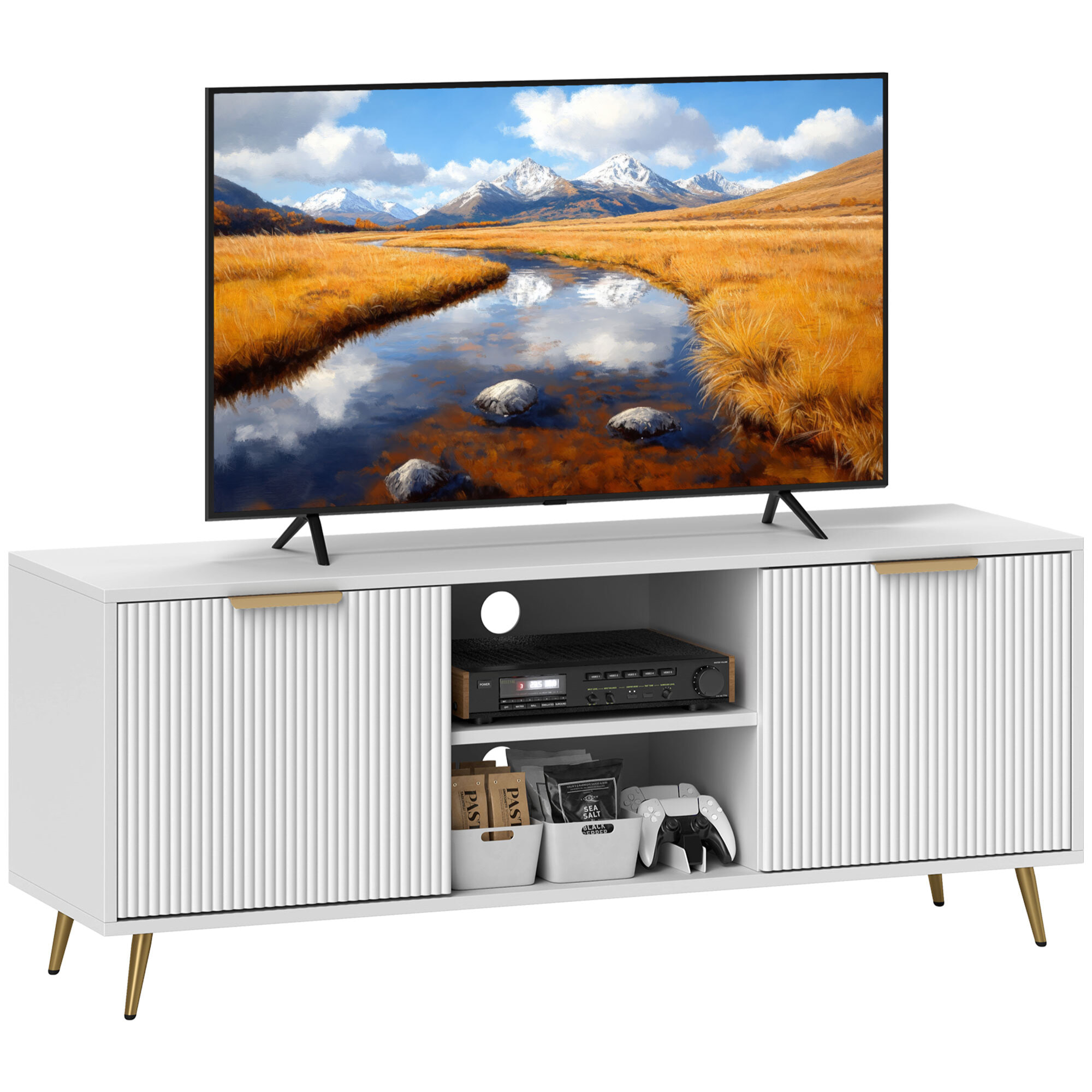 Mueble de TV Moderno Mueble de TV para Salón con 2 Compartimentos Abiertos y 2 Puertas Mueble para Televisión de 55 Pulgadas 120x35x48 cm Blanco