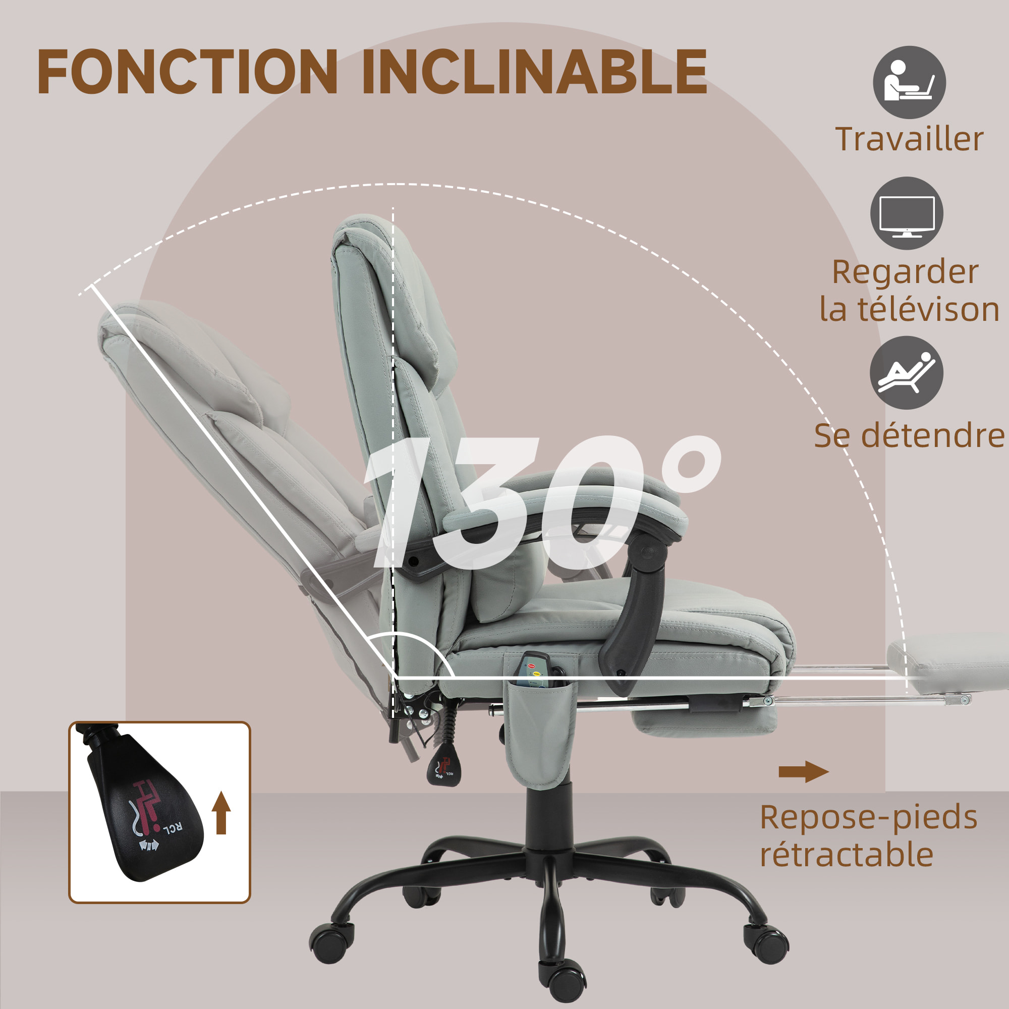 Fauteuil de bureau direction massant inclinable réglable - repose-pieds rétractable intégré - acier noir PU gris