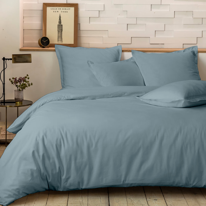 Parure housse de couette 3pcs 100% percale de coton 80 fils - bleu azur