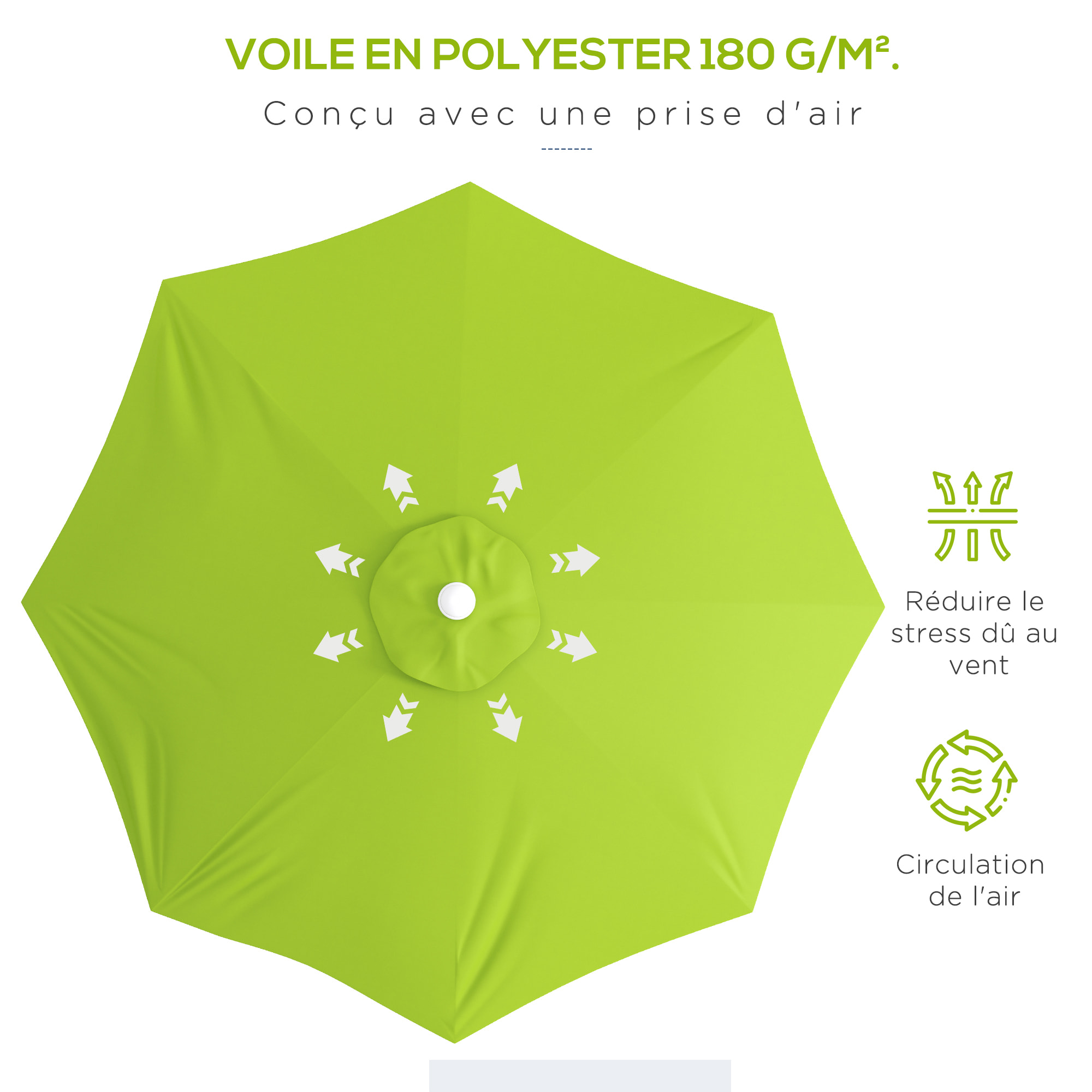 Parasol de jardin octogonal réglable Ø 292 x 242H cm métal polyester haute densité 180 g/m² vert