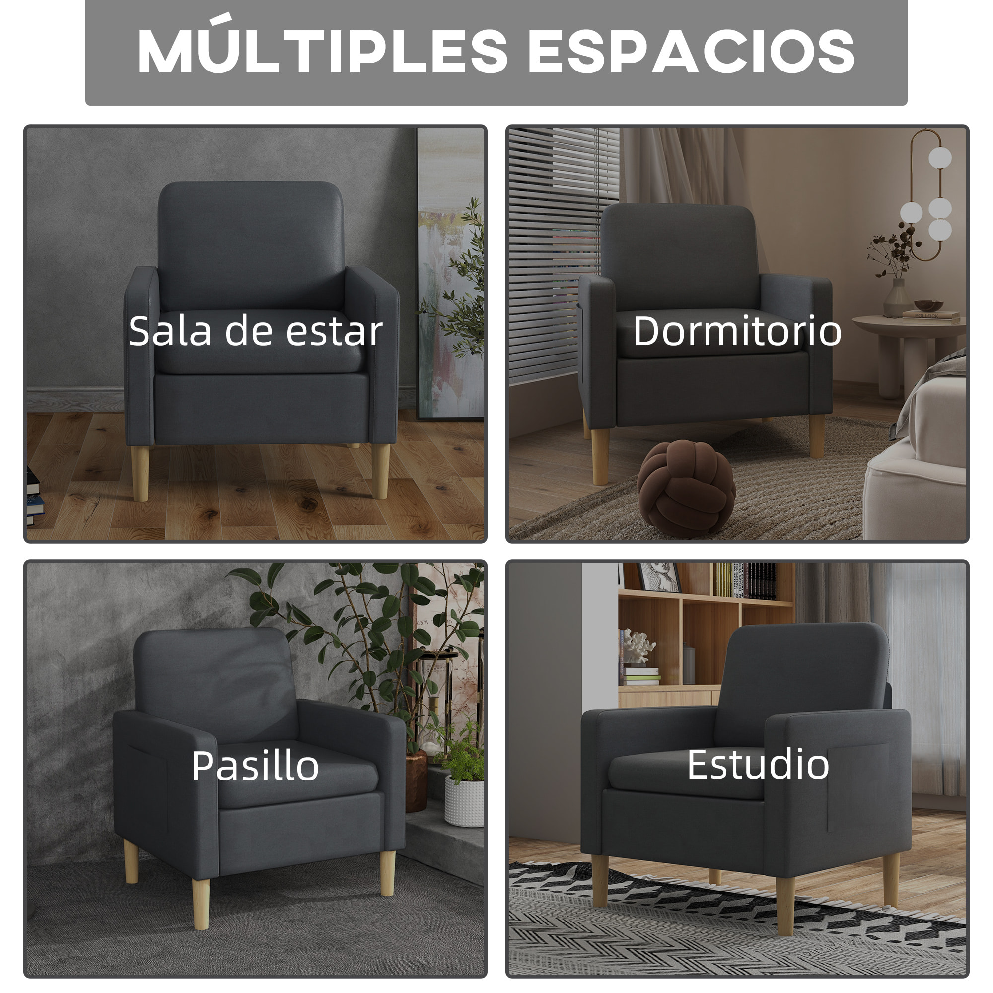 Butaca de Salón Sillón Relax con 2 Bolsillos Laterales Reposabrazos Asiento Acolchado y Patas de Madera Sofá Individual de Moderno para Dormitorio 73x79x87 cm Gris