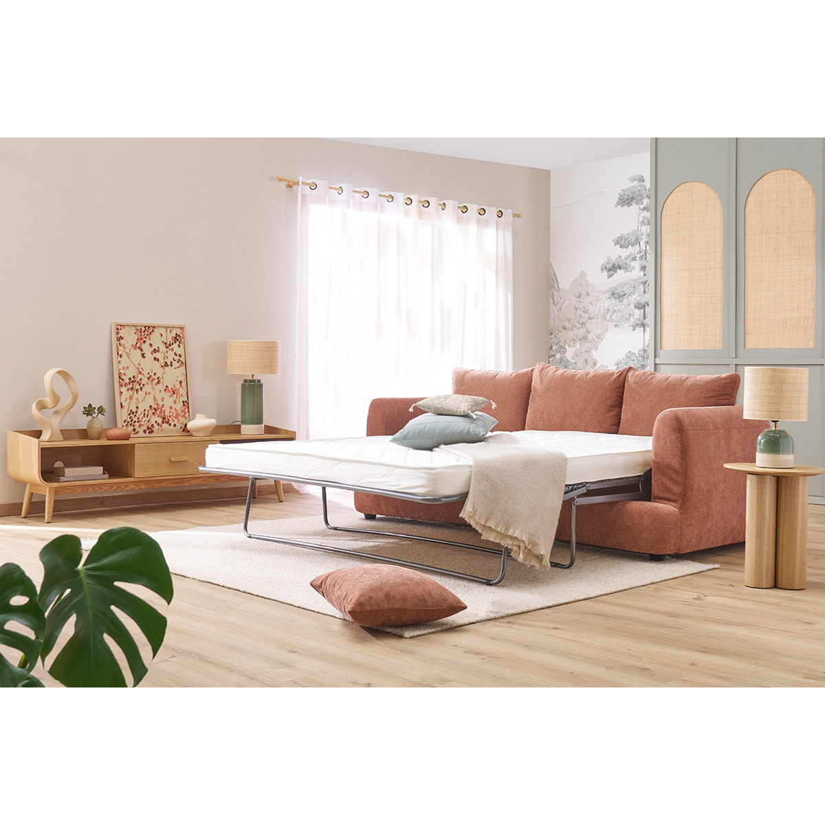 Canapé convertible déhoussable 3-4 places design haricot en tissu effet velours terre brûlée SACHA
