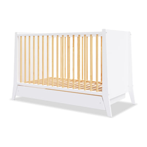 Lit Evolutif Timéo à barreaux 60 x 120 cm, Couleur Blanc & Bois, En Bois, 3 Hauteurs, Tiroir intégré, Barreaux amovibles