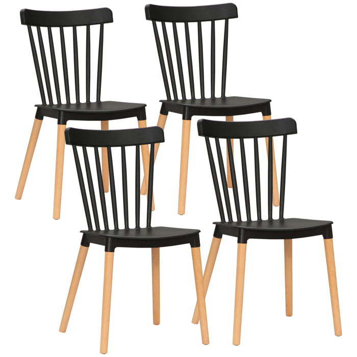 HOMCOM Juego de 4 Sillas de Comedor Estilo Nórdico Sillas de Cocina con Respaldo Alto Asiento de Polipropileno y Patas de Madera de Haya Carga 120 kg 43x52,5x83 cm Negro