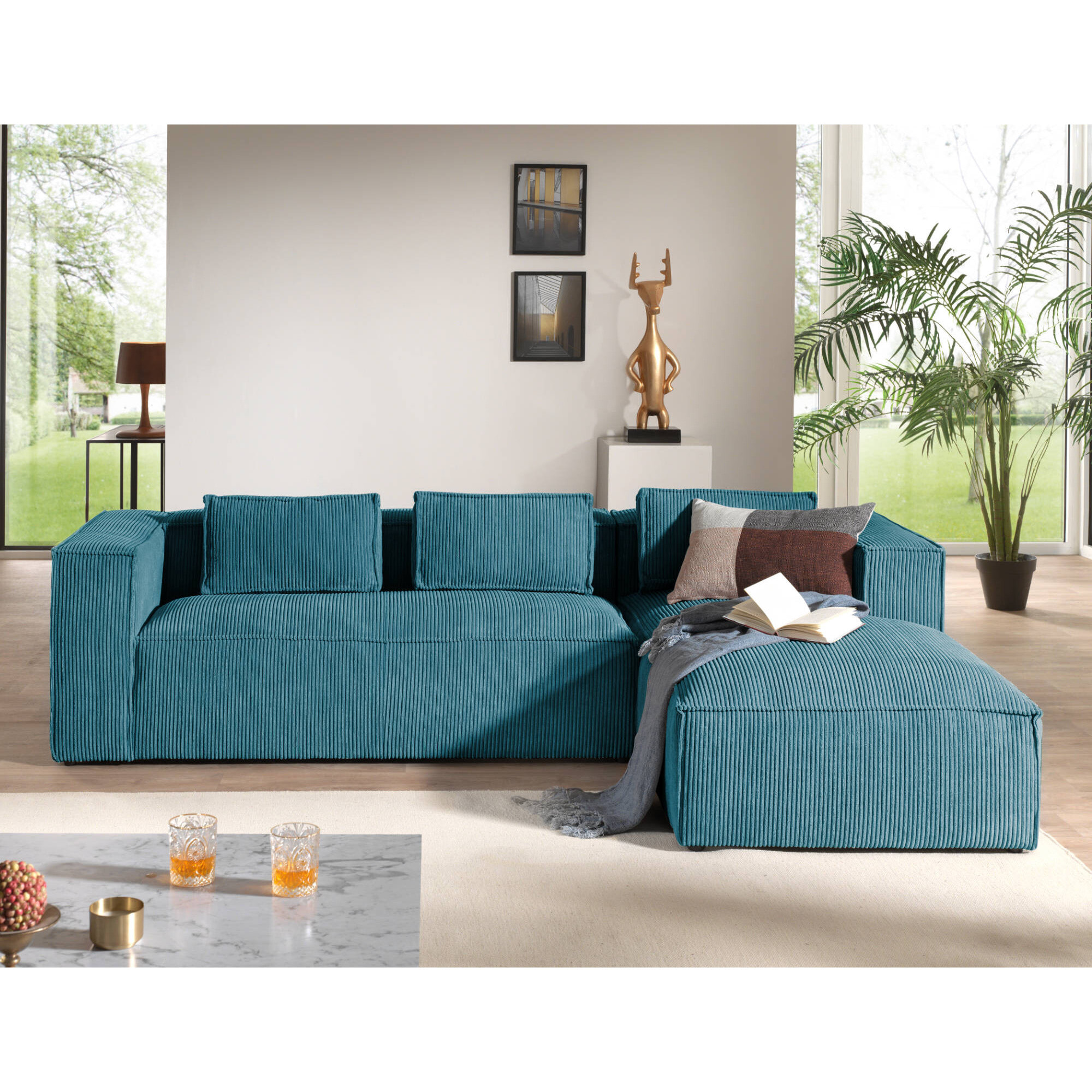 Stella - canapé d'angle droit en velours côtelé - 4 places -style contemporain - Bleu canard