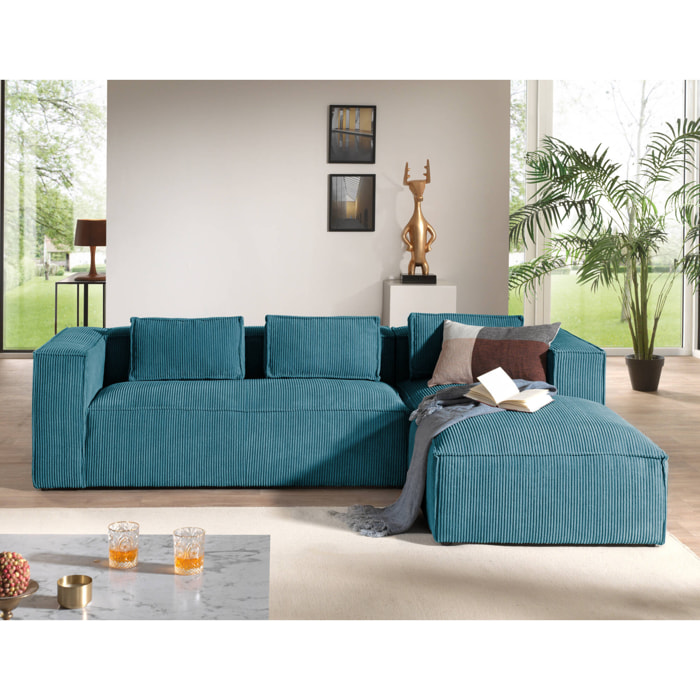 Stella - canapé d'angle droit en velours côtelé - 4 places -style contemporain - Bleu canard