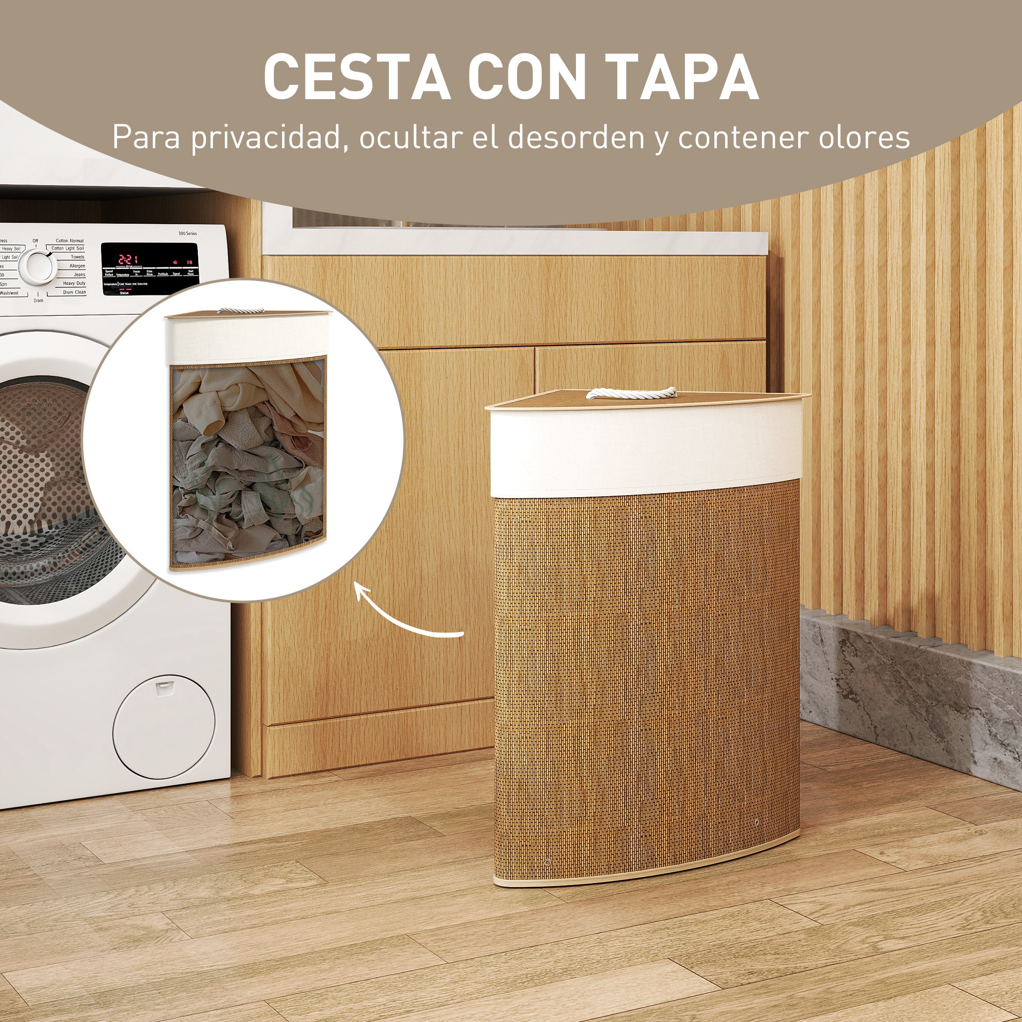 Cesto Ropa Sucia de Bambú para Esquina de 55L con Tapa y Asa, Cubo Ropa Sucia con Bolsa Extraíble y Lavable para Baño, Dormitorio, 35x35x60 cm, Marrón