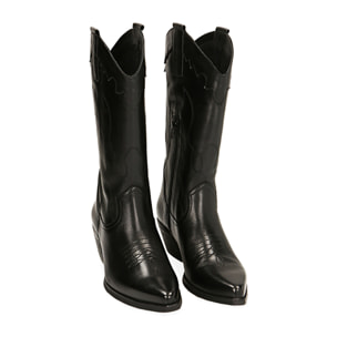 Botas texanas de piel negra, tacón de 5,5 cm