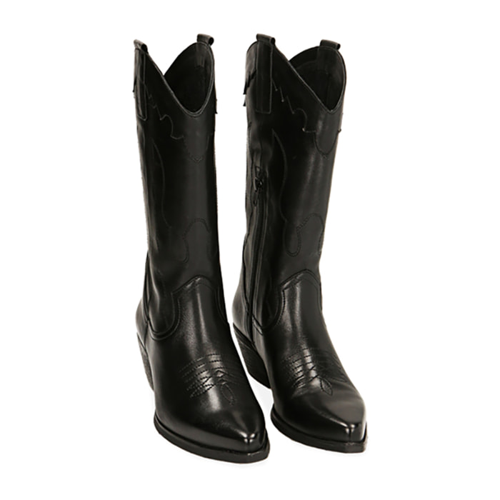 Botas texanas de piel negra, tacón de 5,5 cm