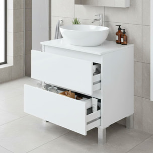Mobile Bagno Sotto Lavabo Da Appoggio 2 Cassetti Salvaspazio Con Guide Metalliche E Gambe In Alluminio Design Moderno 63.5 x 60 x 40 Cm Bianco Lucido