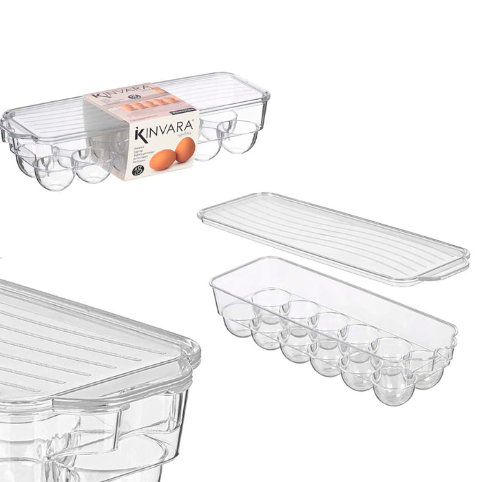 Huevera alargada transparente con 12 cavidades y tapa.