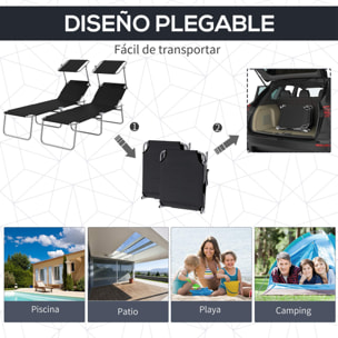 Conjunto de 2 Tumbonas Plegables Tumbonas de Jardín con Toldo Desmontable y Ajustable Respaldo Regulable en 4 Niveles Carga 120 kg para Playa Terraza 187x58x36 cm Negro