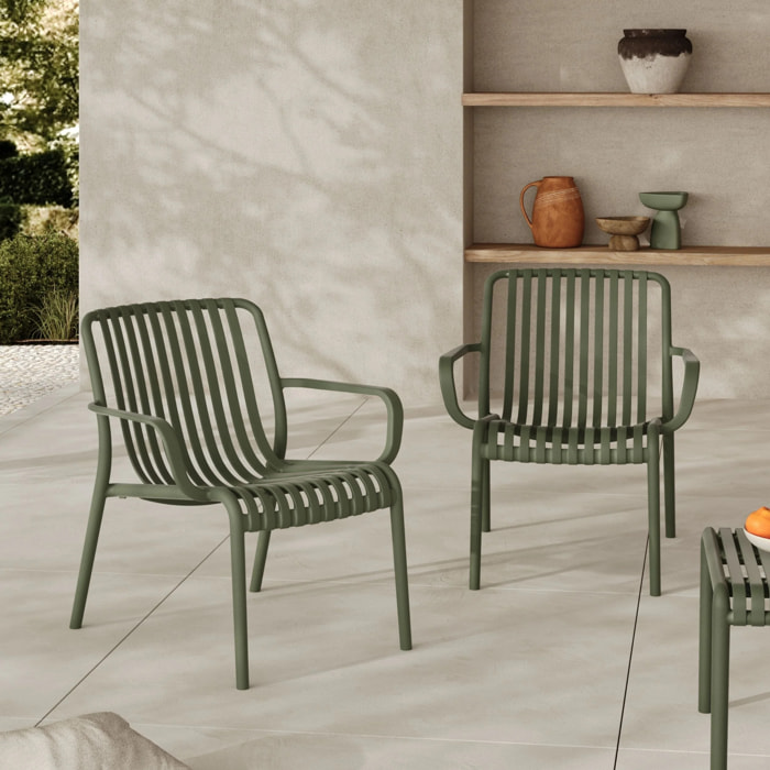 Lot de 2 fauteuils de jardin en plastique vert kaki avec accoudoirs - Ivy