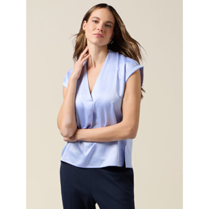 Oltre - T-shirt bimaterica scollo a V - Azzurro