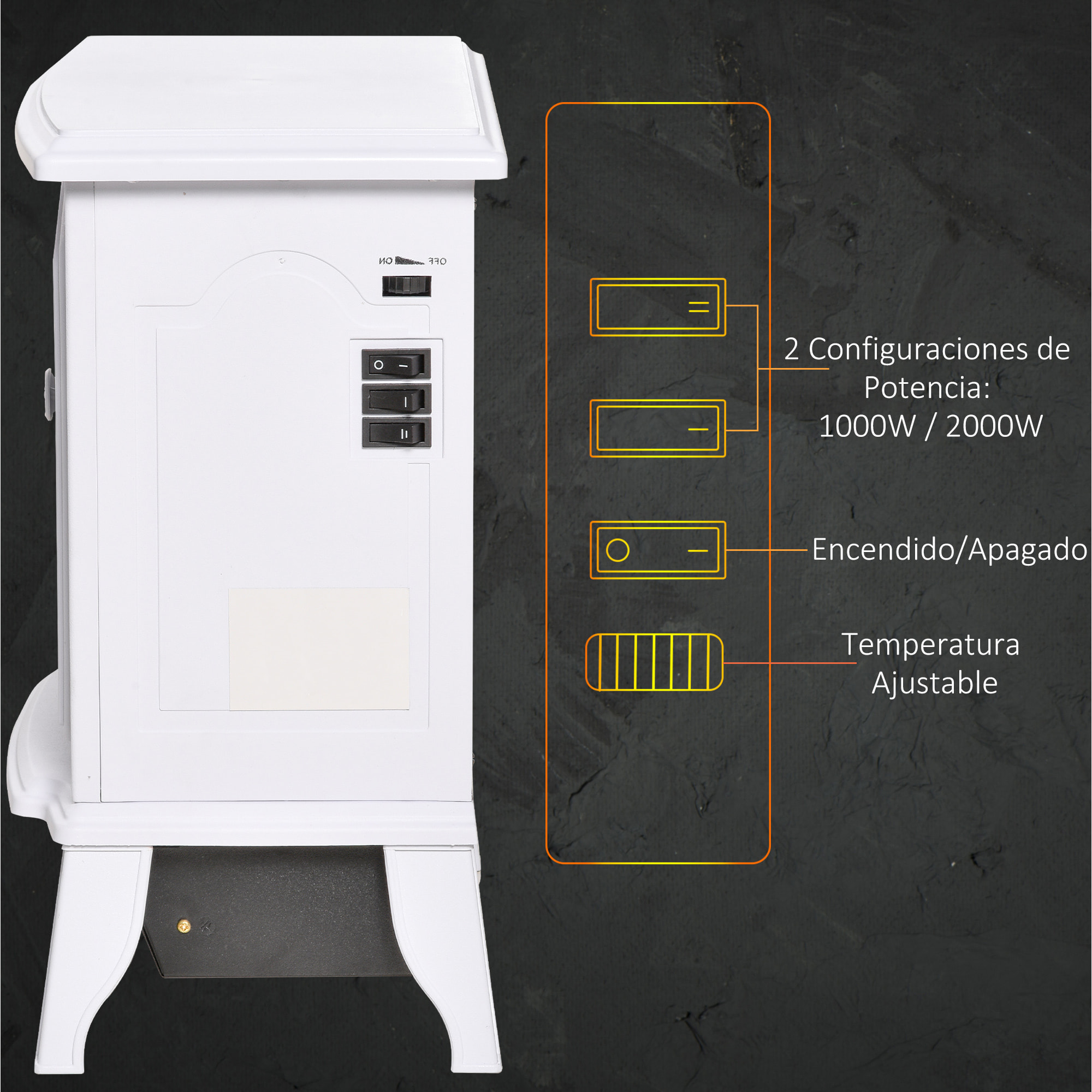 Chimenea Eléctrica Portátil 1000/2000W con Llama Simulada Termostato Ajustable y Protección Sobrecalentamiento para Salas de hasta 25m² 36,5x24x45,5 cm Blanco