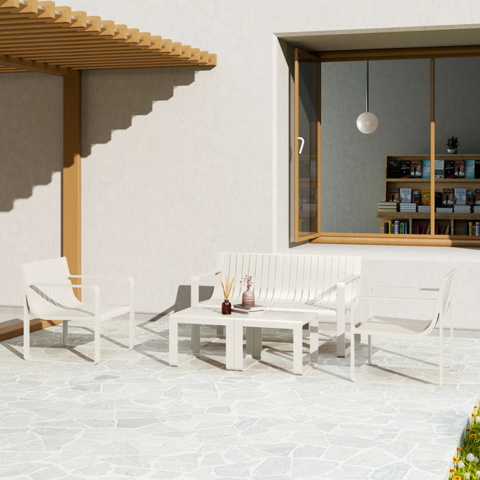 Conjunto de Jardín Exterior 5 Piezas Muebles Jardín Exterior con 2 Sillones 1 Sofá de 2 Plazas y 2 Mesas de Centro Diseño de Lamas Impermeable Anti-UV Blanco