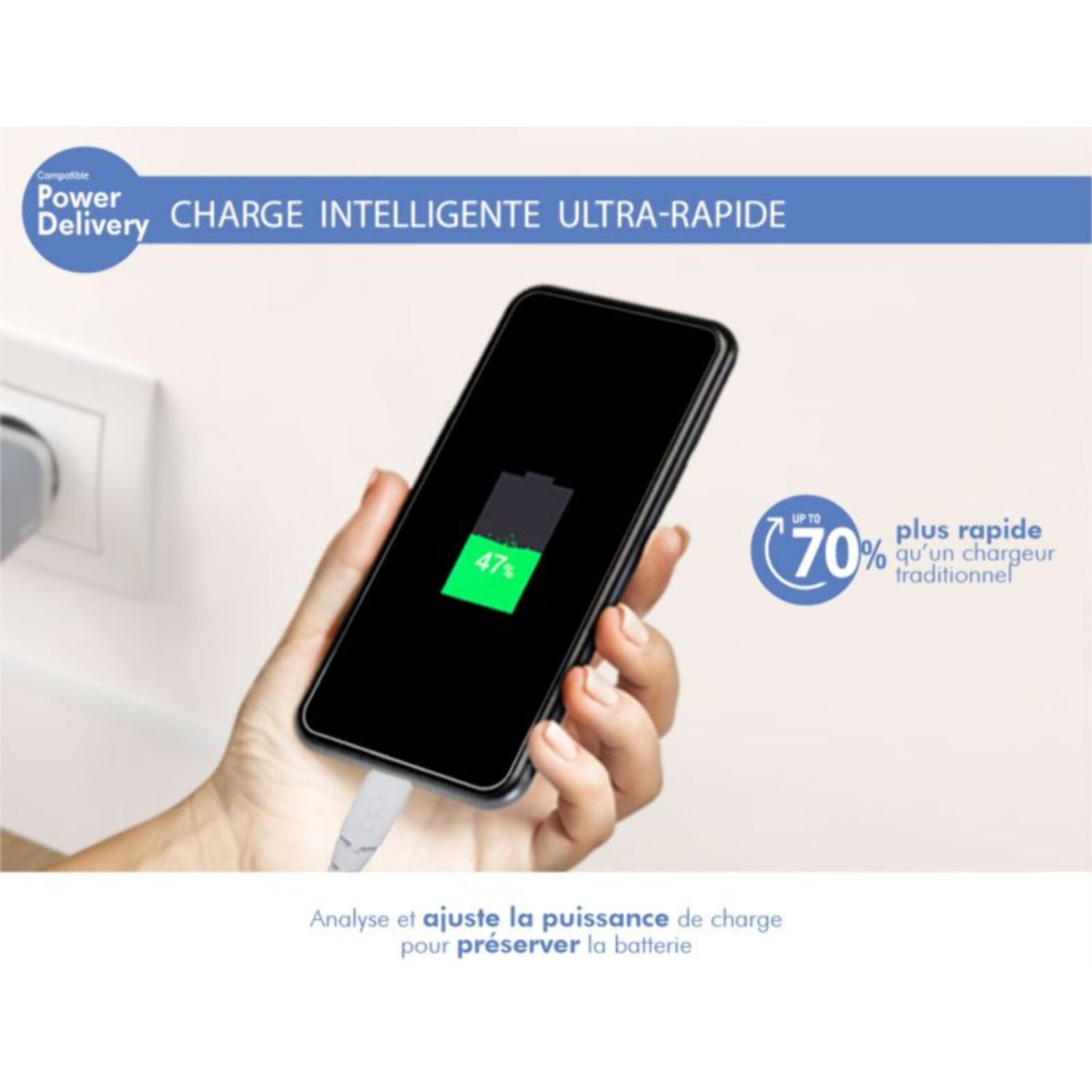 Chargeur secteur FORCE POWER 30W USB-C Made in France Gris