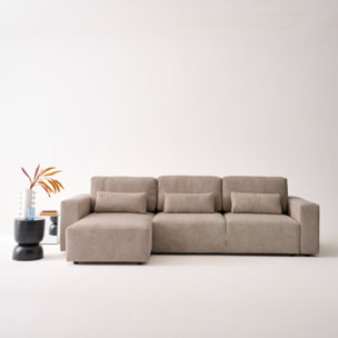 Canapé d'angle convertible réversible 5 places velours côtelé taupe avec coffre de rangement - Theo