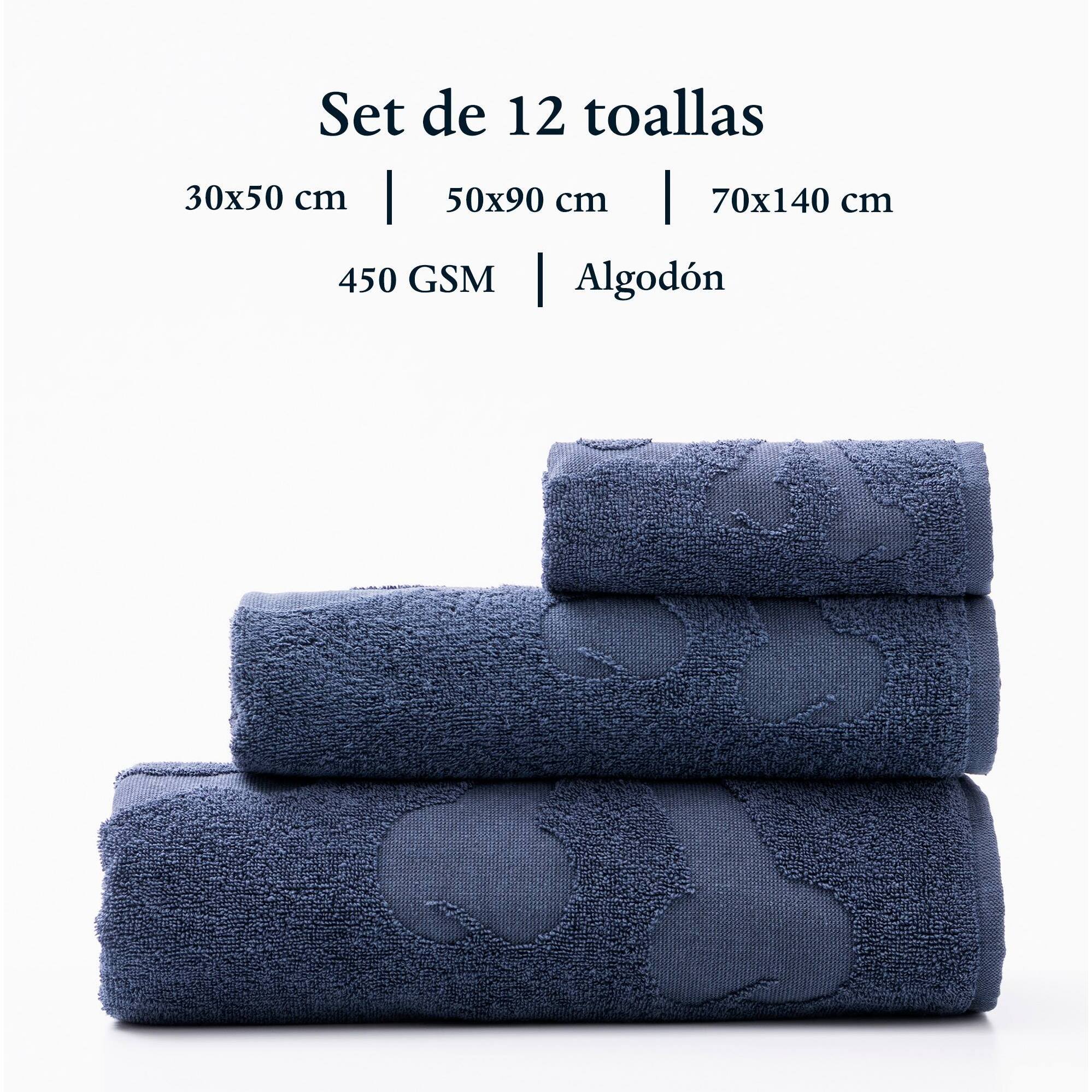 Juego de 4 sets de 3 toallas calavera (4x tocador 30x50cm + 4x manos 50x90cm + 4x baño 70x140cm) 450gsm en algodón, blanco-azul-gris scalpers home