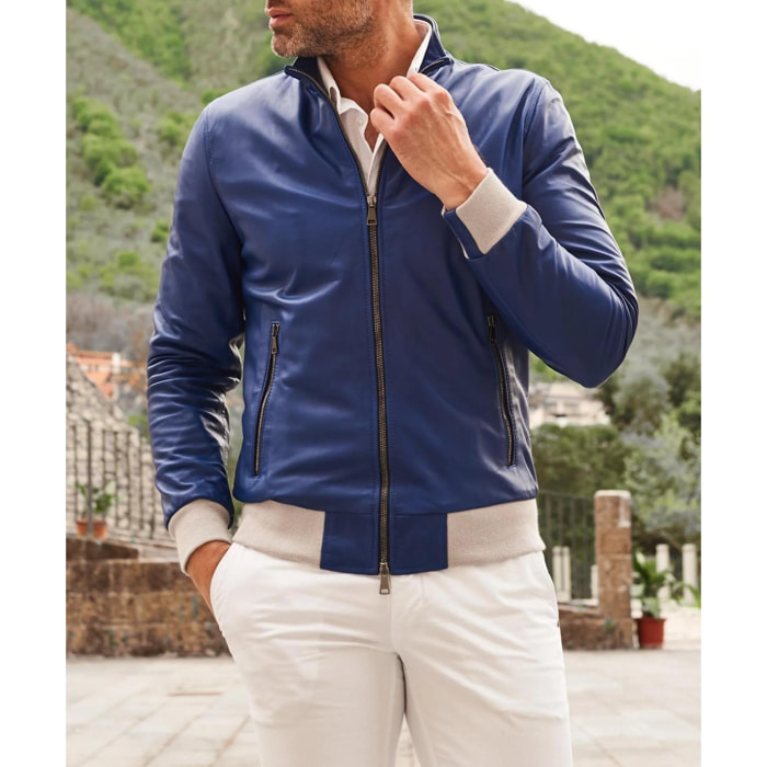 Giubbotto bomber in pelle naturale blu elettrico collo coreana