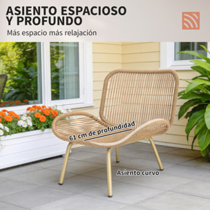 Conjunto de Jardín Exterior de Ratán, Muebles Jardín Exterior 4 Piezas, con Cojines, Sofá Doble, 2 Sillones y Mesa de Centro de Cristal, Estructura de Metal, Beige