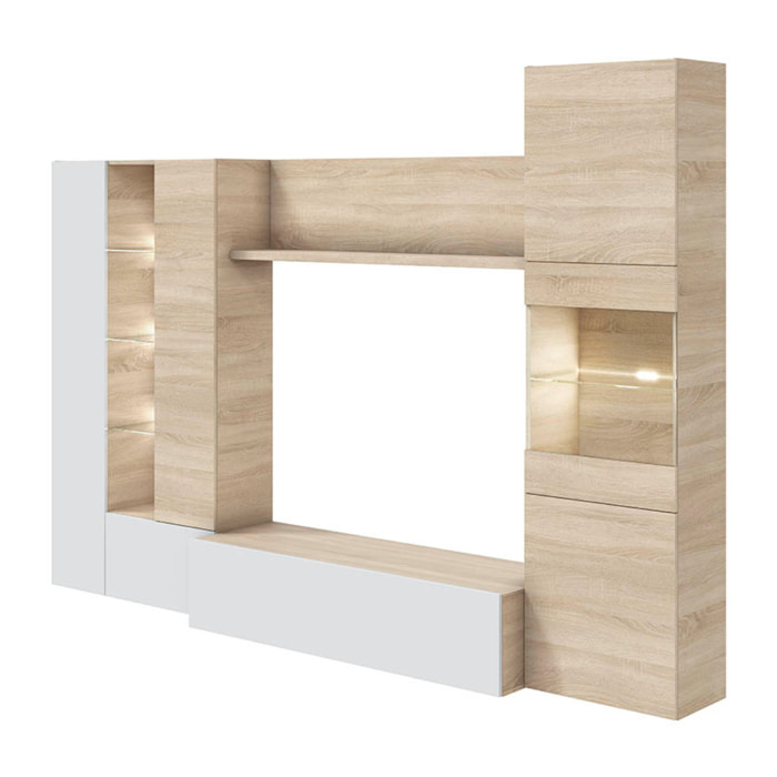 Parete Attrezzata Mobile Soggiorno TV Salotto Base Televisione Con Scaffali Illuminati LED Sala Pranzo Design Moderno 260x185x42 cm Bianco Rovere