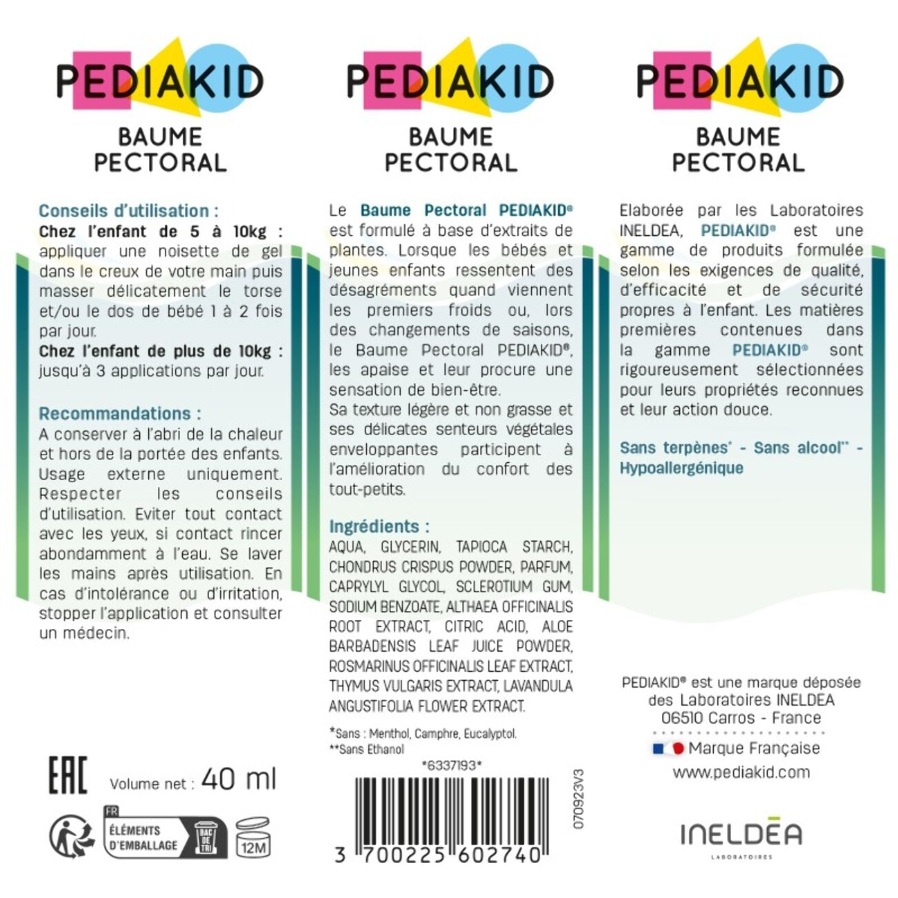 PEDIAKID - Baume Pectoral - Baume de massage confort bébés et jeunes enfants - Aux extraits de Thym, Lavande, Romarin et Mauve Blanche - Sans huiles essentielles - Convient aux bébés dès 5kg