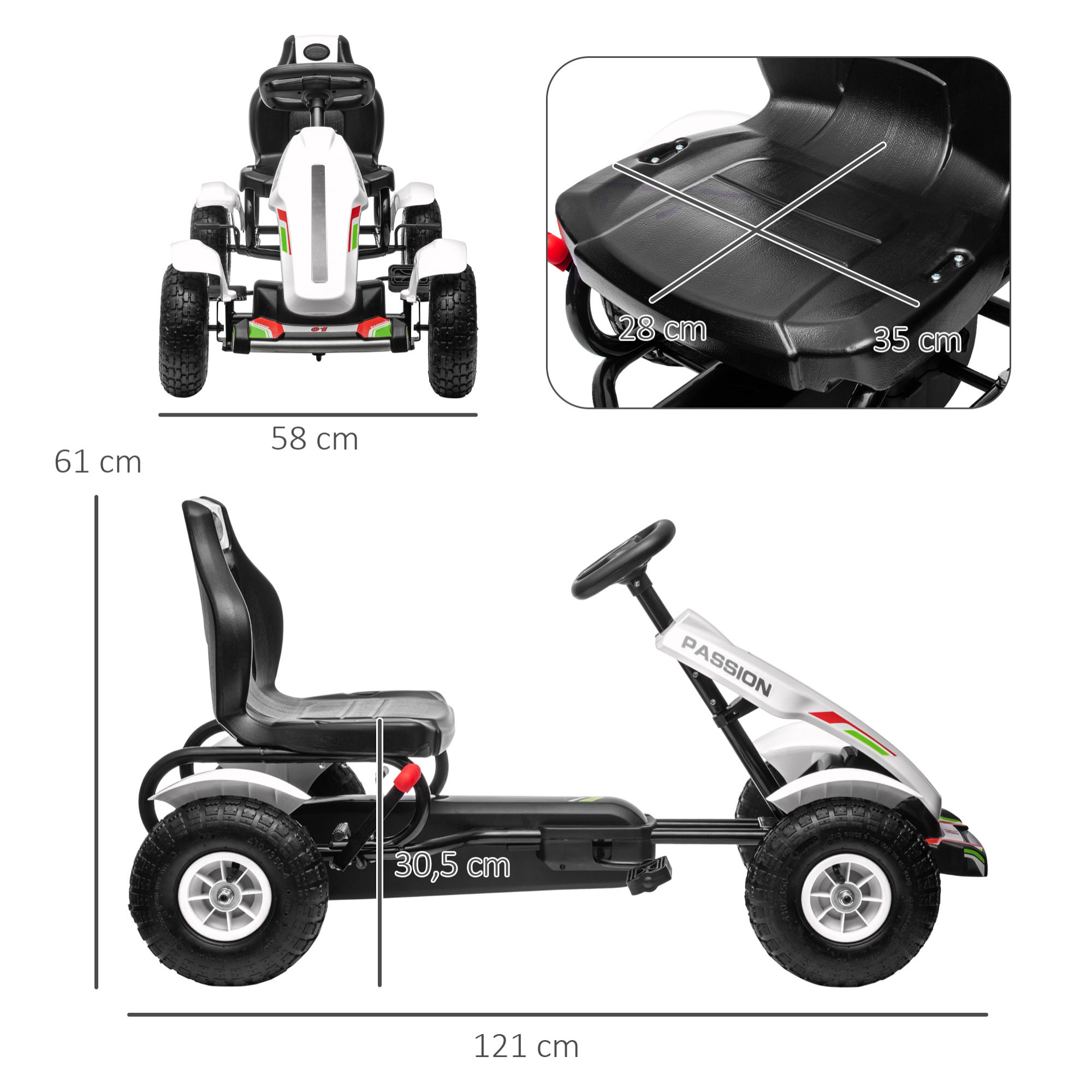 Go Kart a Pedales para Niños Coche de Pedales Infantil con Asiento Ajustable Neumáticos de Goma Freno de Mano para Niños y Niñas de 5-12 Años Carga 50 kg 121x58x61 cm Blanco