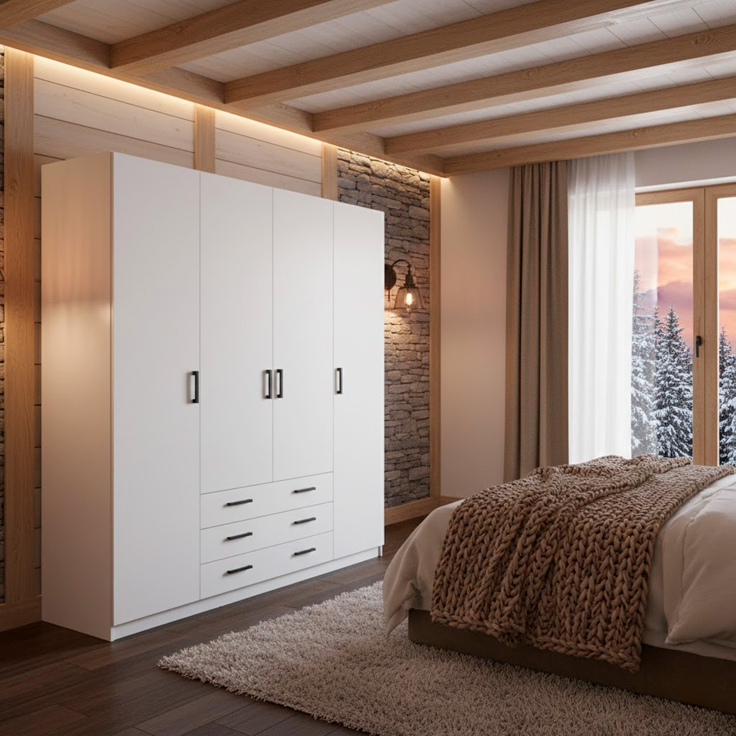 Armadio Con 4 Ante E 3 Cassetti Armadietto Multiuso Barra Appendiabiti E 8 Ripiani Di Cui 6 Regolabili Extra Capiente 195,5 x 49,6 x 200,4 Cm Bianco