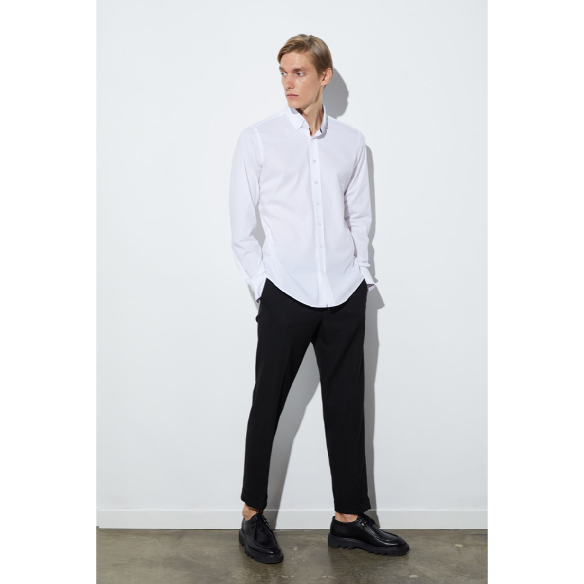 camicia uomo 1 bottone button down slim Popeline Stretch Unito Bianco