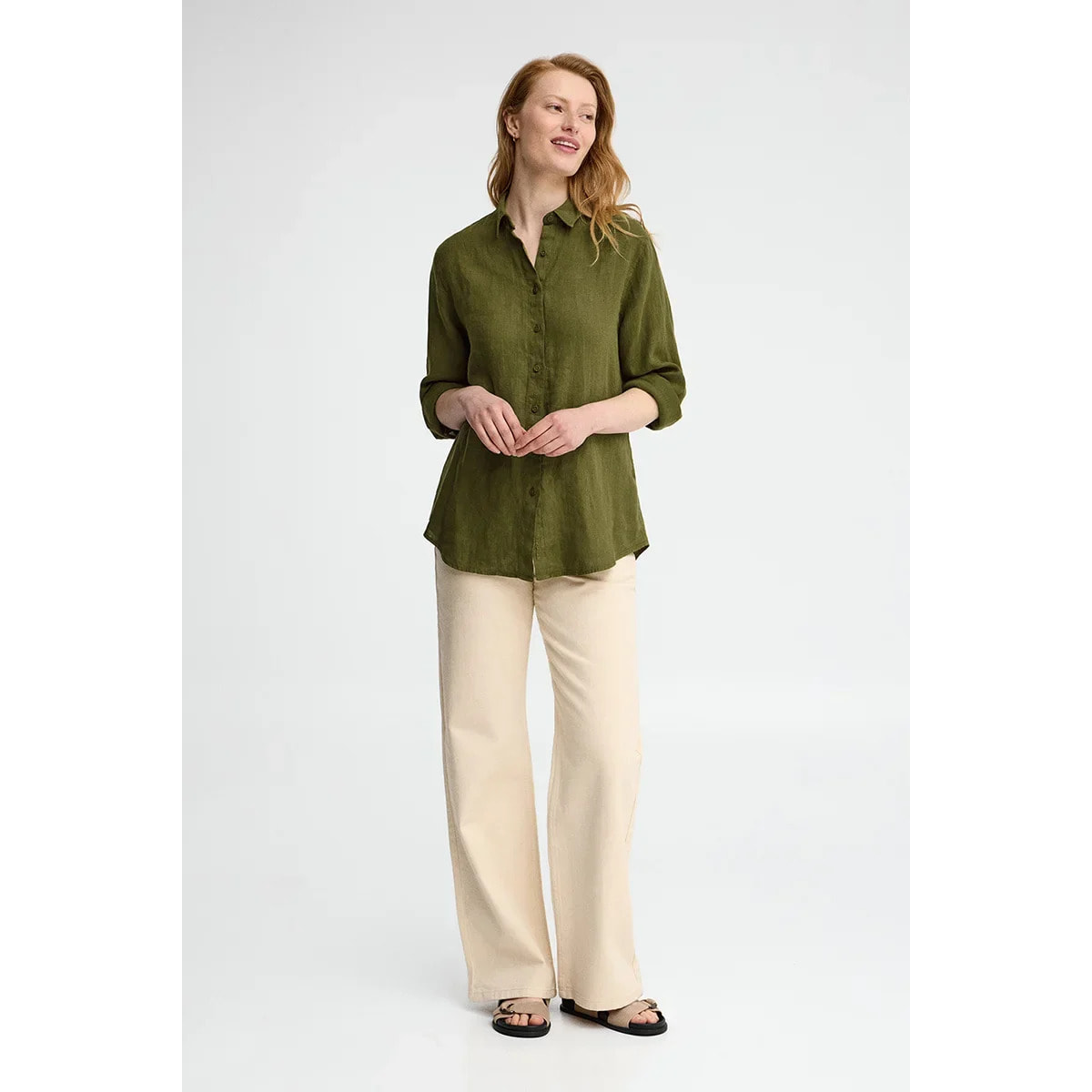 Camisa verde musgo de lino con corte relajado y bordado Polo Club