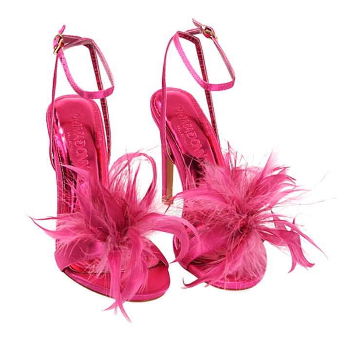 Sandalias fucsia con plumas de raso, tacón de 10,5 cm