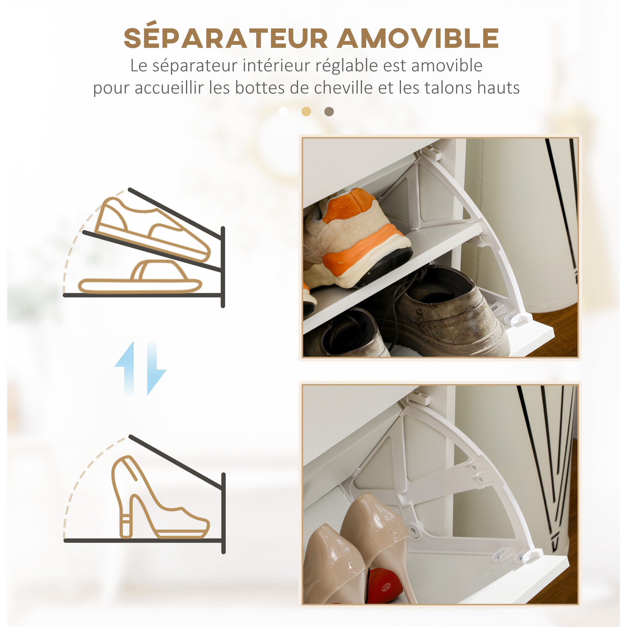 Armoire meuble à chaussures multi-rangement 2 abattants double niveau 2 tiroirs blanc