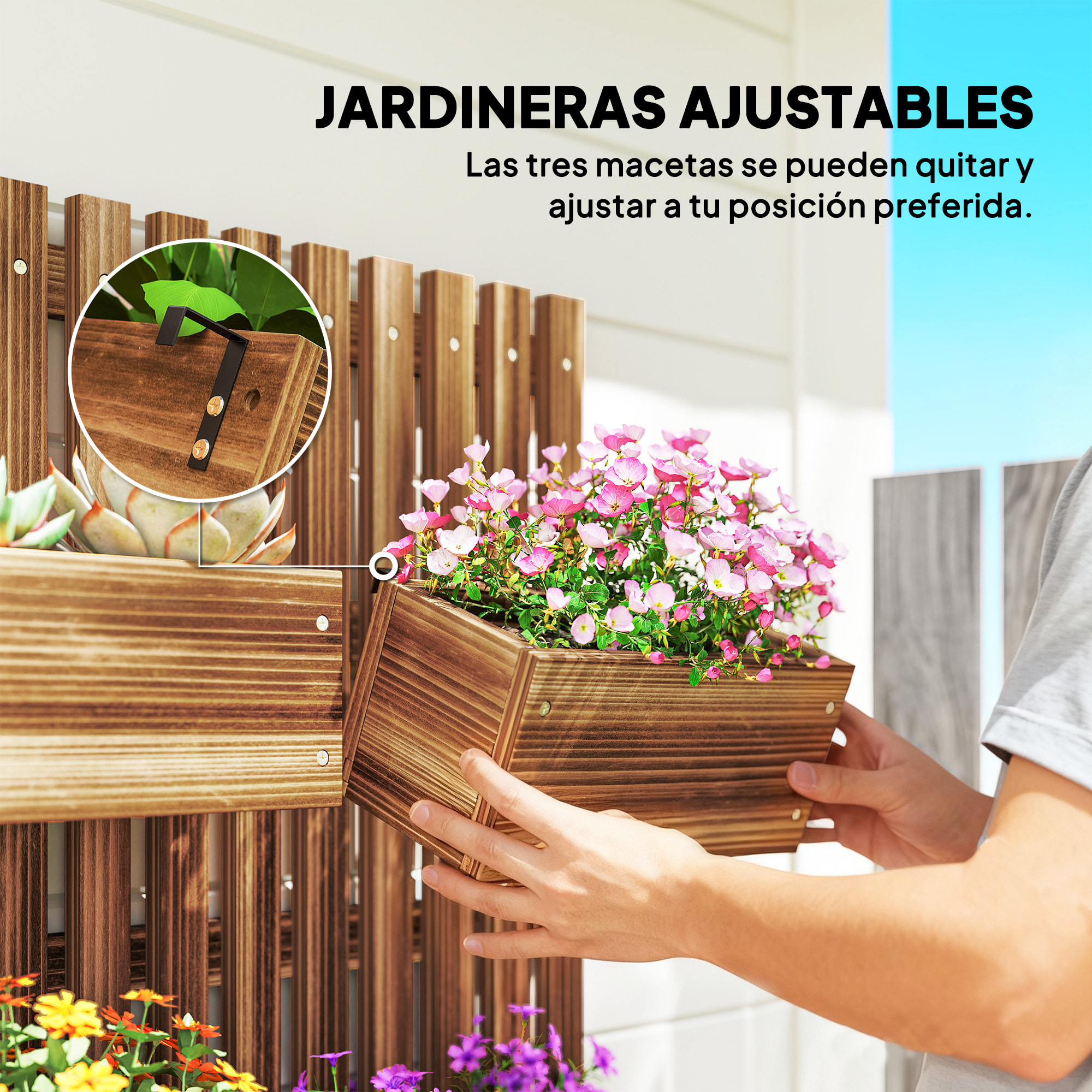 Jardinera de Pared con Enrejado, Jardinera Exterior Grande de Madera con 3 Macetas Móviles y Orificio de Drenaje, para Exterior, Jardín, Terraza, Patio, 60x16x80 cm, Carbonizado