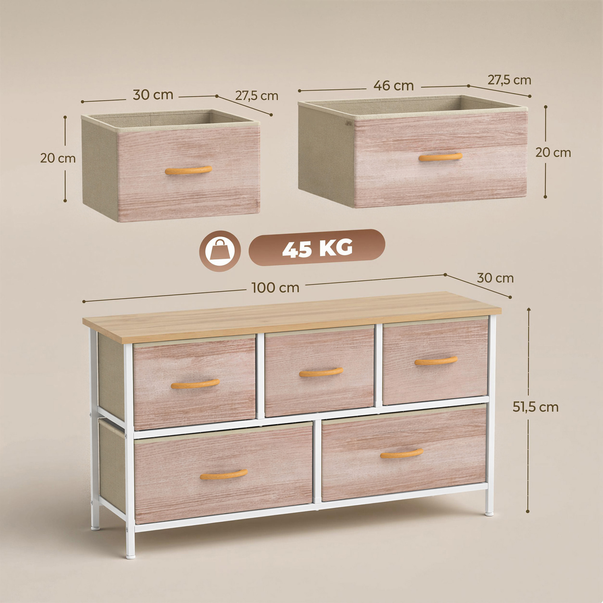 Cómoda con 5 Cajones de Tela, Cómoda para Dormitorio, Marco de Metal, Cajonera para Salón, Oficina, Vestidor, Natural y Blanco