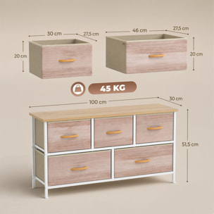 Cómoda con 5 Cajones de Tela, Cómoda para Dormitorio, Marco de Metal, Cajonera para Salón, Oficina, Vestidor, Natural y Blanco