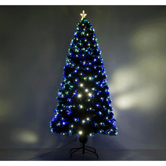 Sapin de Noël artificiel lumineux fibre optique LED multimode multicolore + support pied Ø 82 x 180H cm 230 branches étoile sommet brillante vert