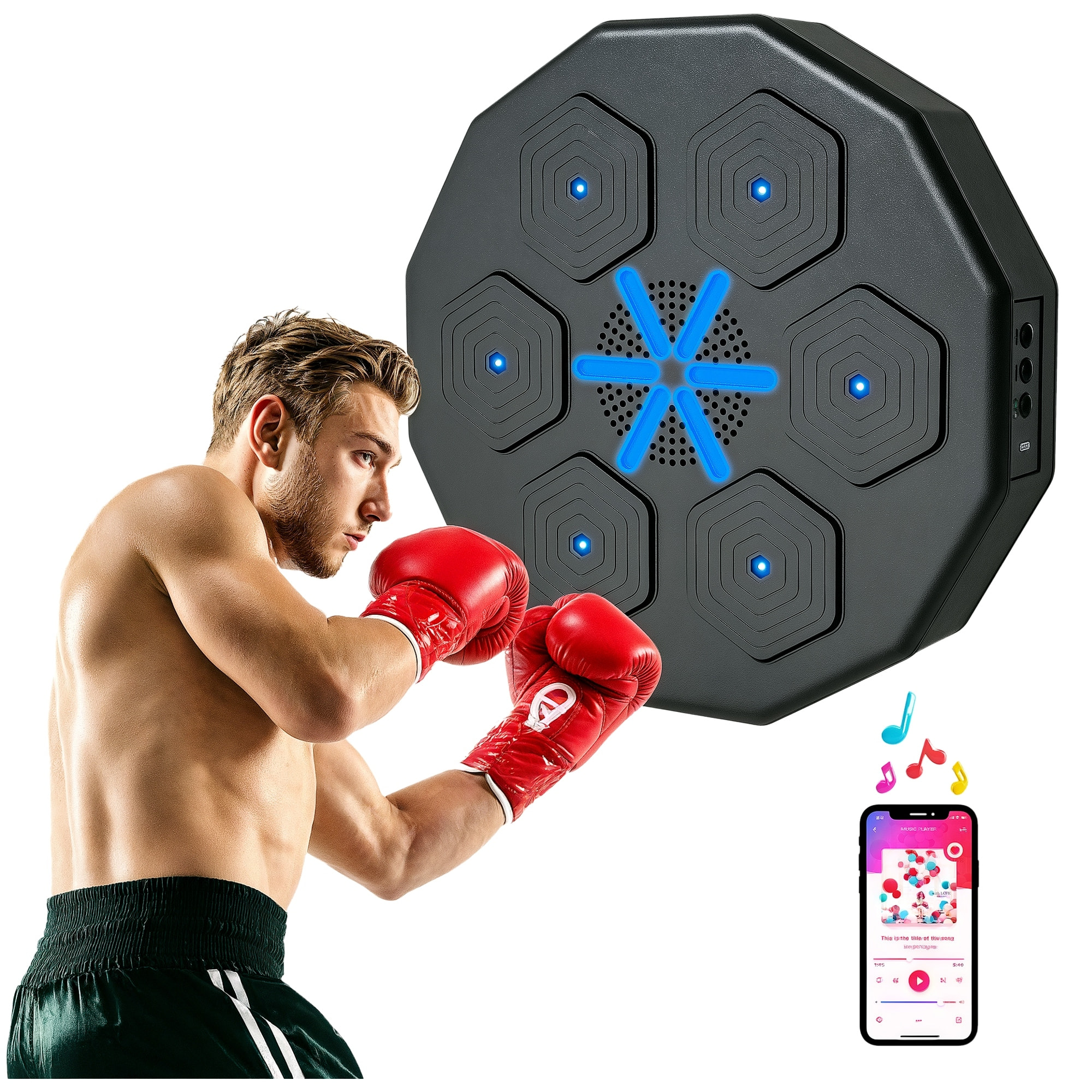 Boxeo Pared Musical con Guantes y Conexión Bluetooth, Máquina Boxeo Musical Pared con Luces LED, para Adultos y Niños en Casa, Oficina, Gimnasio