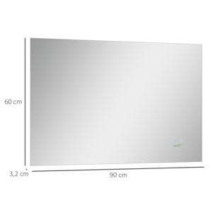 Espejo de Baño con Luz LED Espejo de Pared Antivaho 90x60 cm Interruptor Táctil 3 Luces Ajustable Función de Memoria y Marco de Aluminio Suspensión Vertical u Horizontal Plata