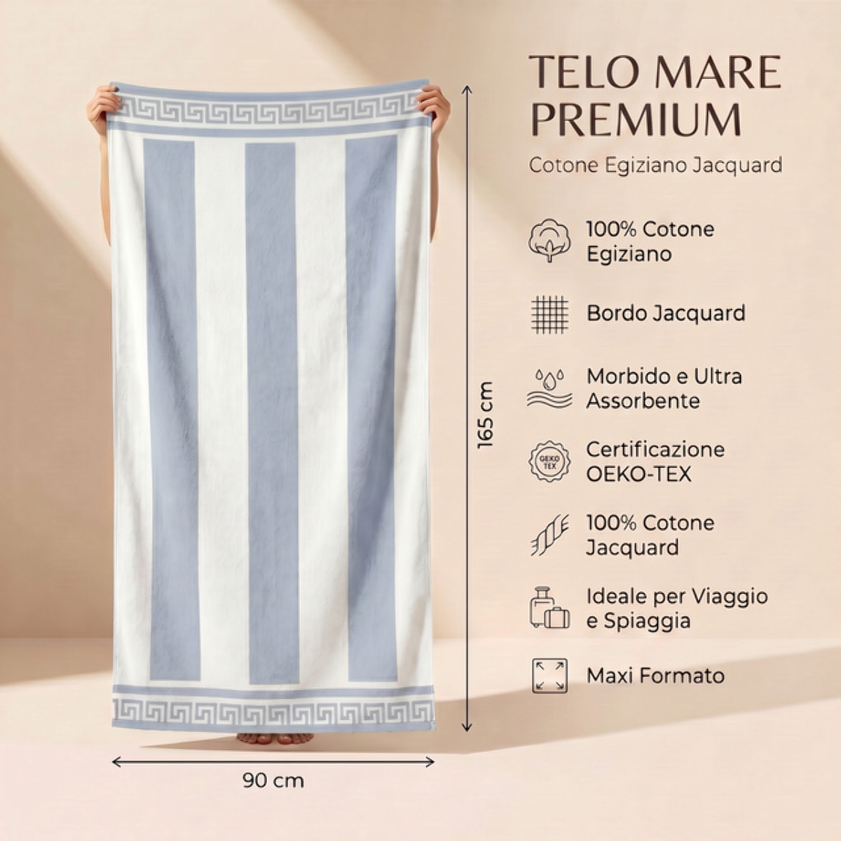 Telo mare in spugna jacquard, 90x165 cm, 100% cotone egiziano, morbido e super assorbente, asciugamano spiaggia grande con bordo greco elegante, resistente e certificato OEKO-TEX, ideale per mare piscina spa e viaggio