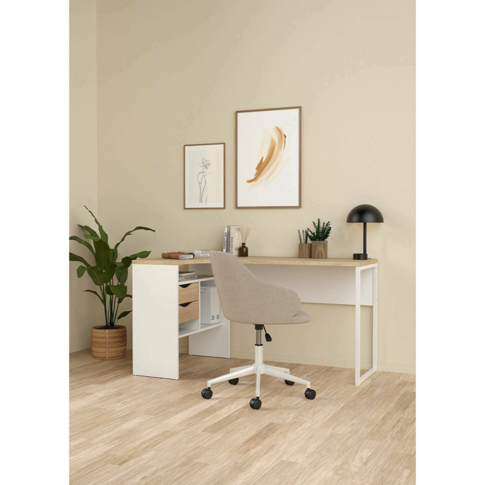 Scrivania Moire, Scrittoio multiuso, Tavolo per ufficio porta PC, Piano di lavoro, 145x81 h77 cm, Bianco e Rovere