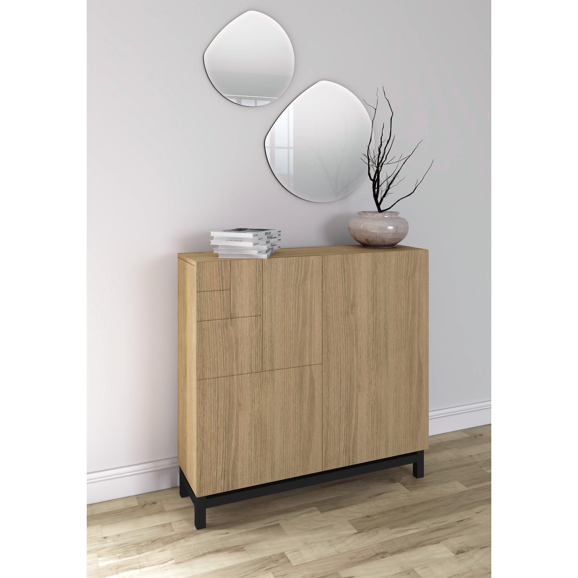 Zapatero Copenhague melamina roble dorado patas negro 90x90x27 cm