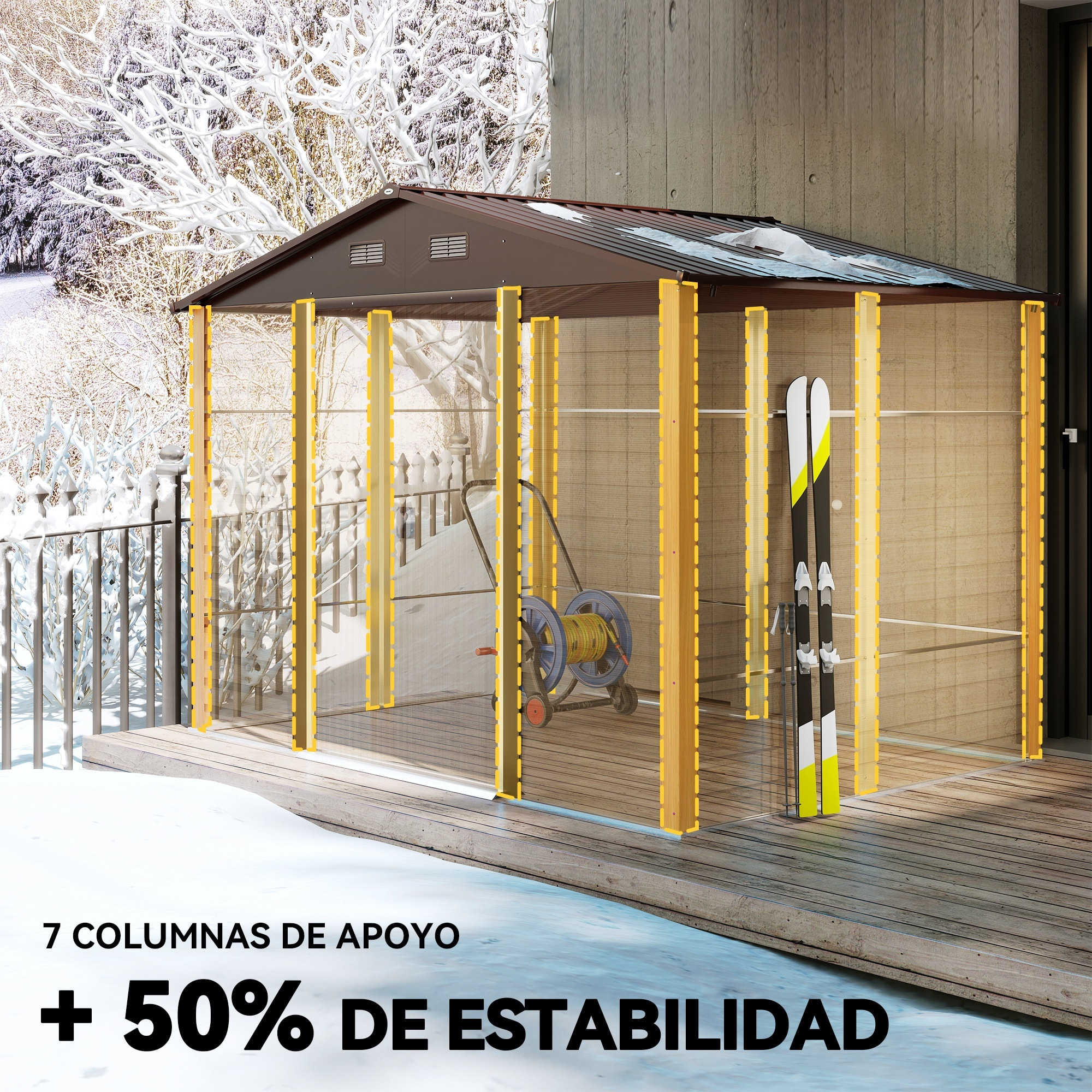 Caseta de Jardín Exterior 4,84 m² 278x195x215 cm Cobertizo de Jardín Exterior Metálica con 2 Puertas Corredizas y 4 Ventanas para Almacenamiento de Herramientas Efecto Madera Natural y Café