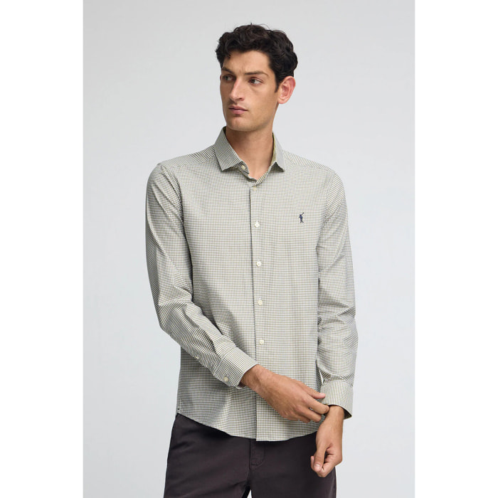 Camisa verde militar de corte slim y cuadros vichy con logo Rigby Go