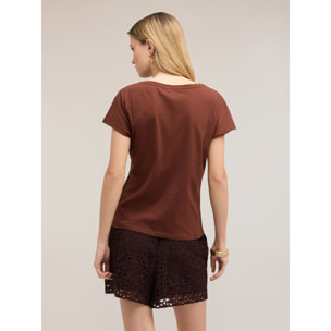 Motivi - T-shirt con ricamo sulla spalla - Marrone