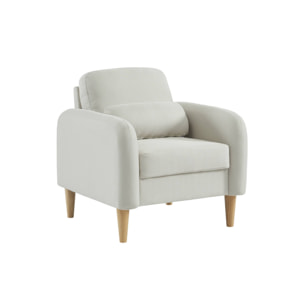 Fauteuil scandinave arrondi tissu blanc pieds bois