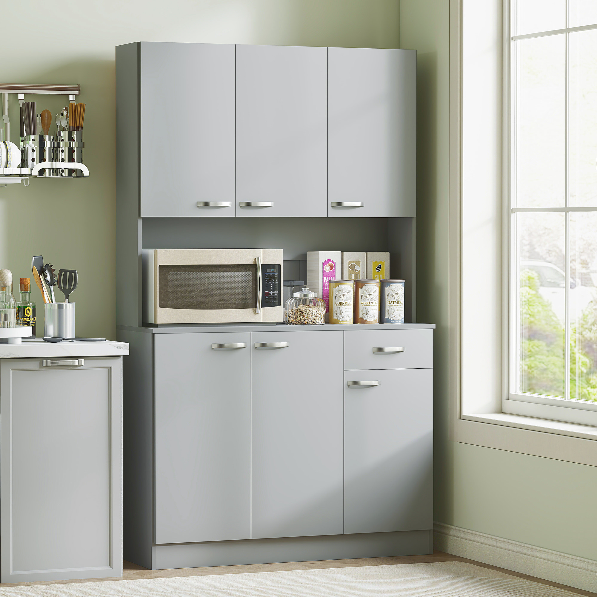 Alacena de Cocina Mueble Auxiliar de Cocina Alta con 6 Puertas Cajón Encimera Abierta y Estantes Ajustables Estilo Moderno Gris 101x39x180 cm